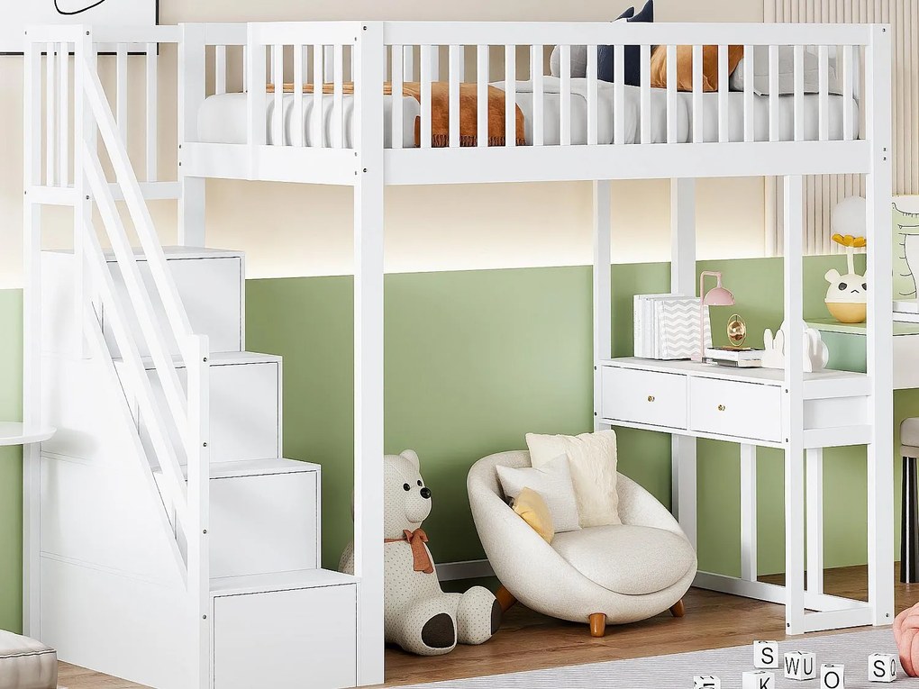 Łóżko mezzanine 90x200cm z drewna - z biurkiem i schodami do przechowywania - Białe