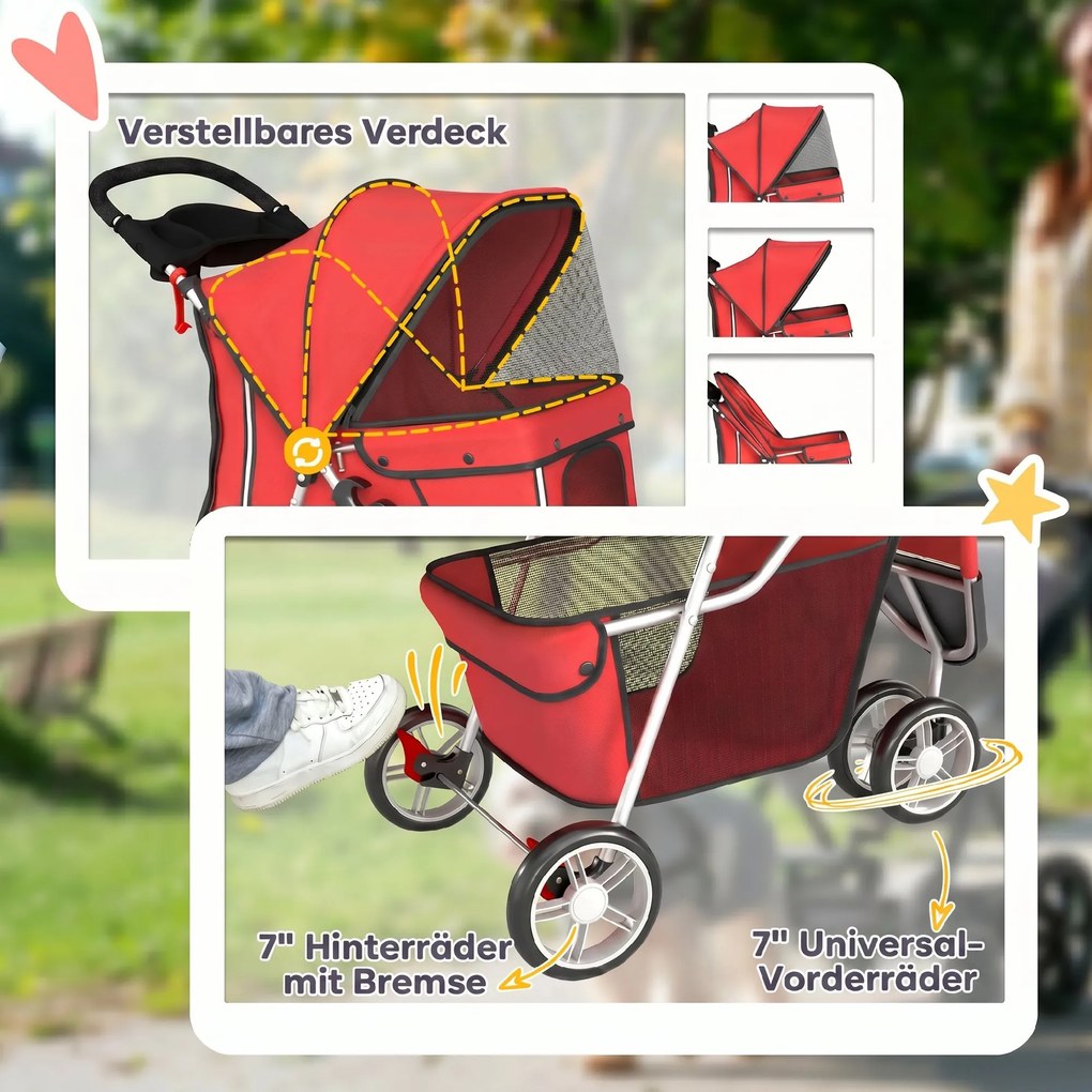 PawHut Wózek dla psa składany, buggy z koszem, poduszką, oknami z siatki, uchwytem na napój dla małych psów do 10 kg, czerwony | Aosom PL