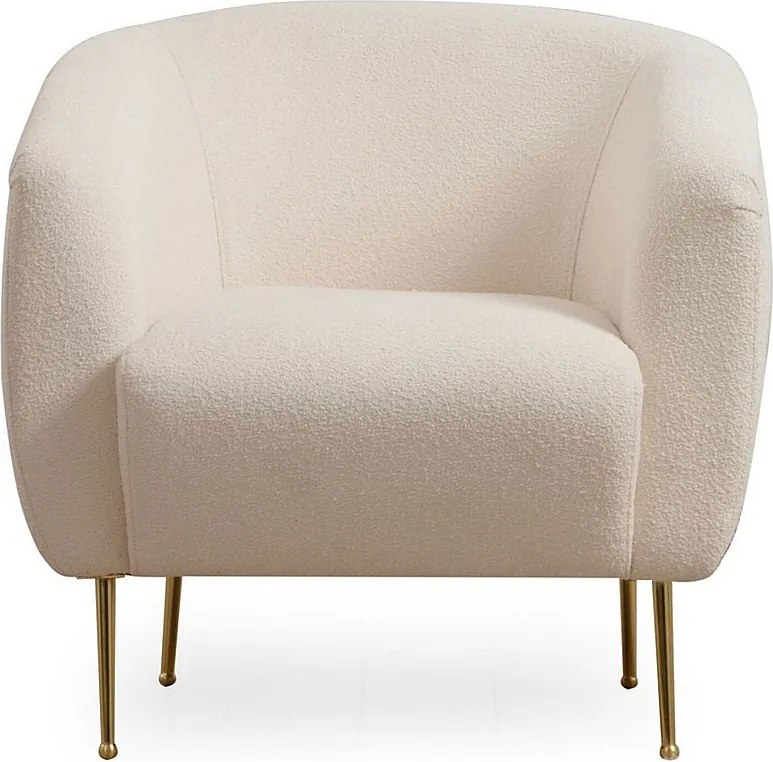 Elegancki fotel ze złotymi metalowymi nogami, kremowa tkanina, 70x82x82 cm | Stelaż z drewna bukowego, poduszki z miękkiej pianki i pierza, w zestawie 1 sztuka