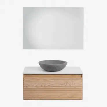 Zestaw Wiszących Mebli Łazienkowych Z Drewna Jesionowego Tedrik Popielaty Brąz & Okrągły Szary Cement Ø40 - Sklum