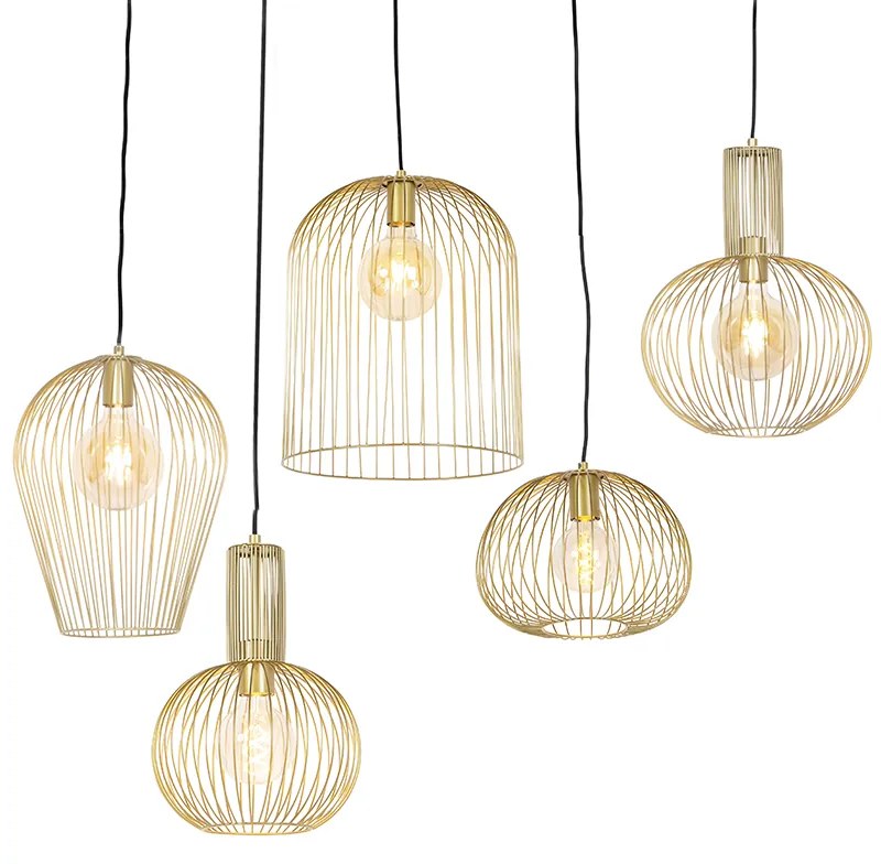 Zestaw 5 designerskich lamp wiszących złotych - WiresDesignerski Oswietlenie wewnetrzne