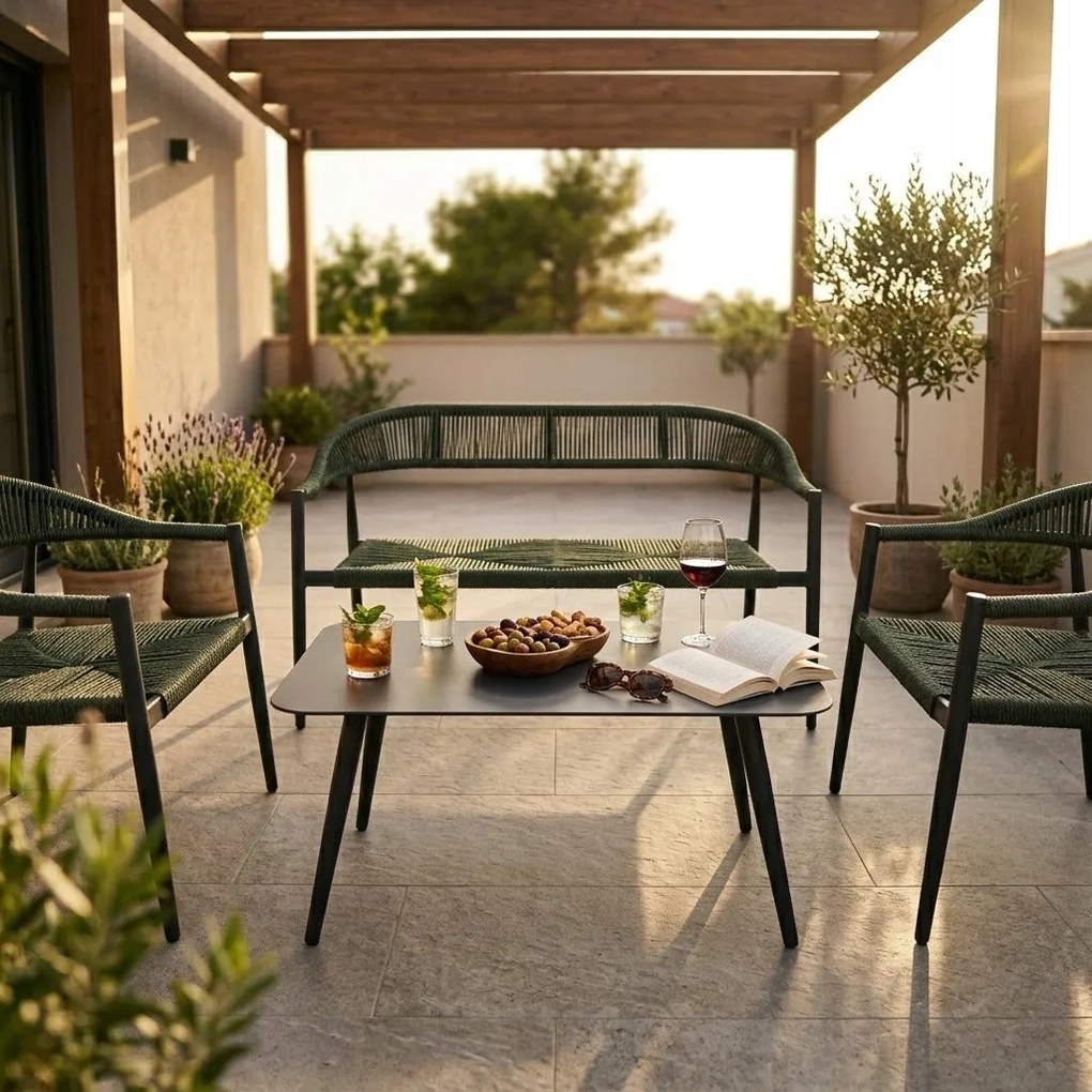 Zestaw mebli ogrodowych ciemnozielony, szara rama, ławka, 2 krzesła, stolik