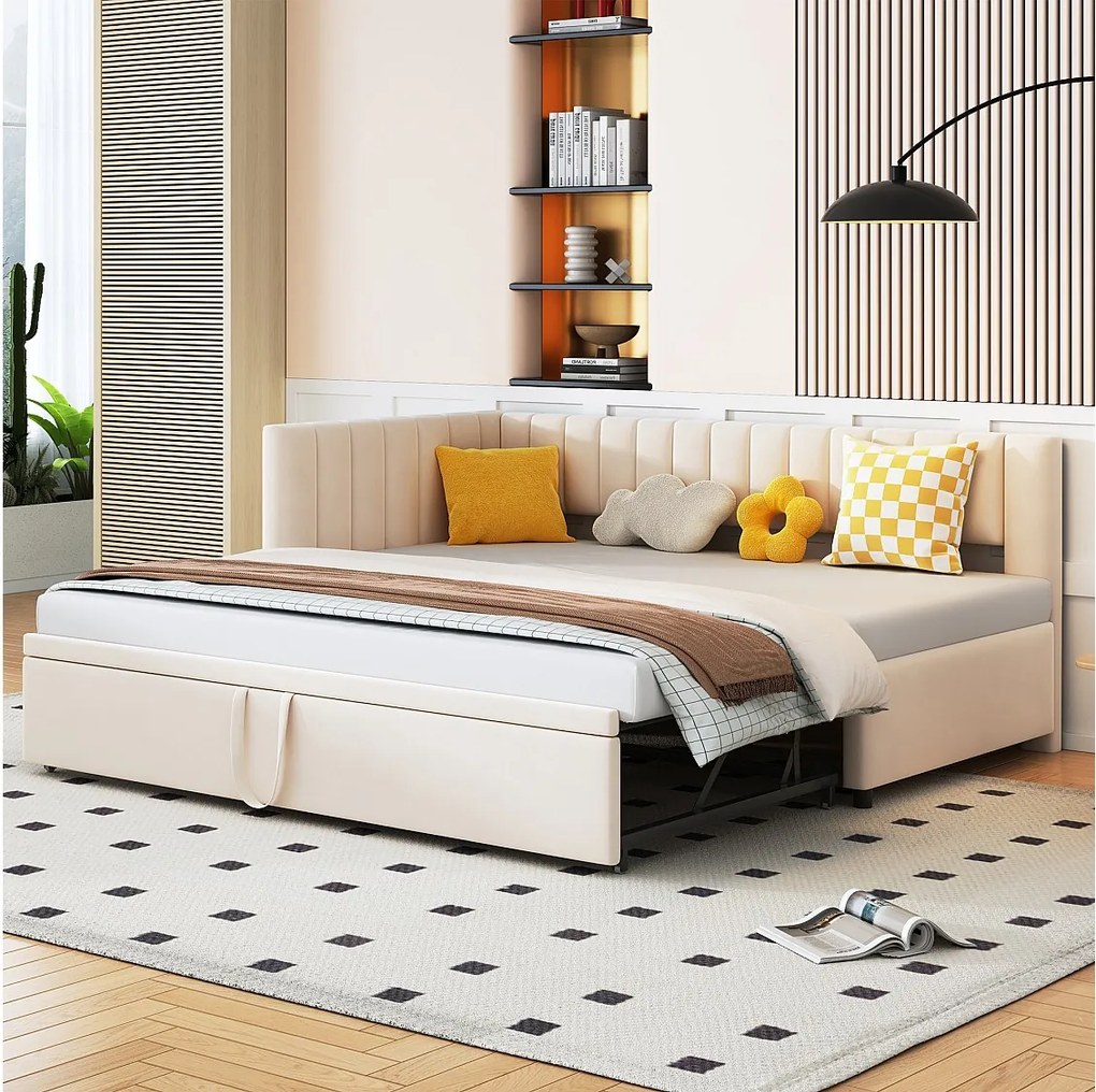 Łóżko wysuwane 90/180 x 200 cm w kształcie litery L, Sofa rozkładana - Aksamit - Stelaż z listew - Beżowy (bez materaca)