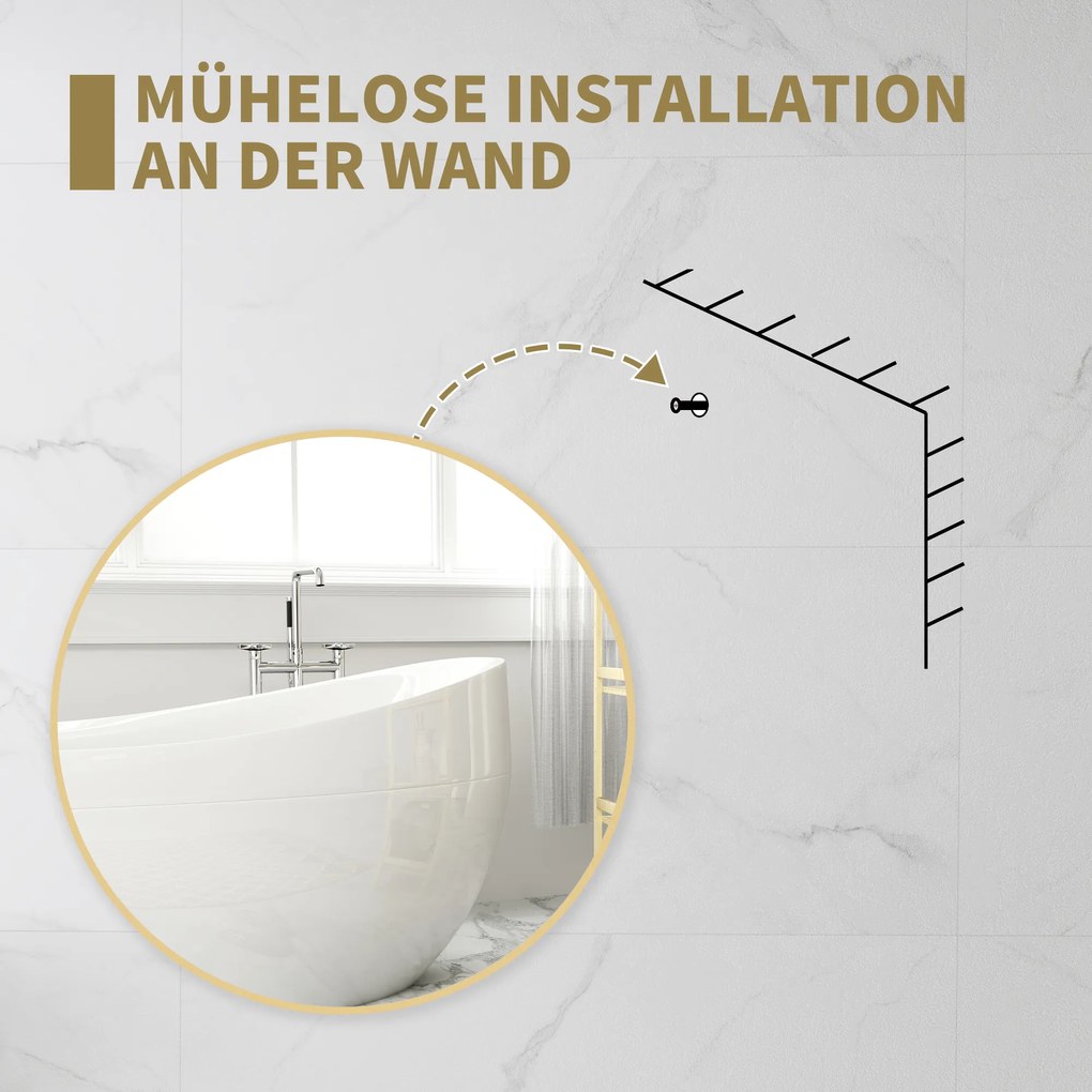 HOMCOM 70 x 70 cm okrągłe lustro łazienkowe, montaż na ścianie, złoty rama