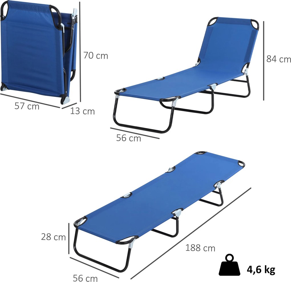 Outsunny Leżak Ogrodowy Niebieski Stalowy Regulowane Oparcie Komfort na Balkonie i Kempingu 188x56x28cm | Aosom PL