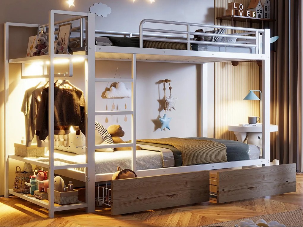 Łóżko piętrowe 90 x 200 cm - Konstrukcja metalowa - 2 szuflady - Kilka półek - Oświetlenie LED - Wieszak na ubrania - Biały​ (materac nie jest wliczony w cenę)