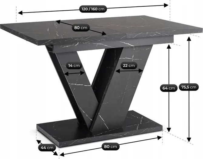 Stół Prostokątny Rozkładany CLARK 120-160 cm Czarny Marmur Glamour