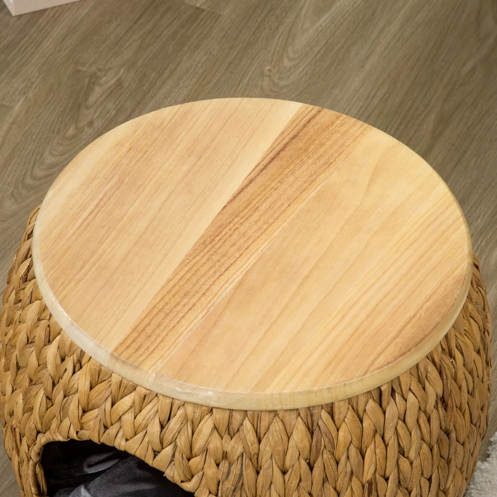 Jaskinia dla kota Pawhut z trawy wodnej hiacyntowej, zmywalna poduszka, 44 x 43 x 42 cm, Jasnobrązowy+Naturalne drewno+Szary