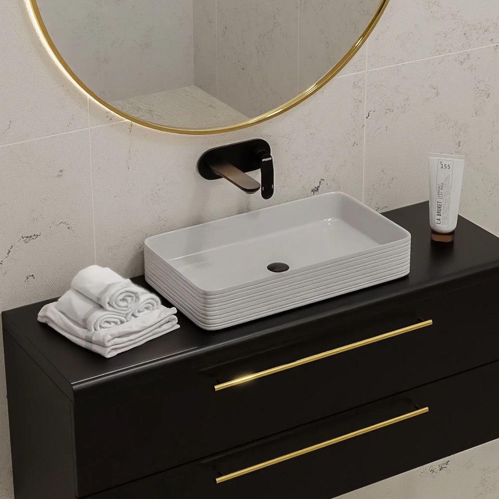 Umywalka ceramiczna nablatowa prostokątna ryflowana biała 67 x 38 cm LAMI