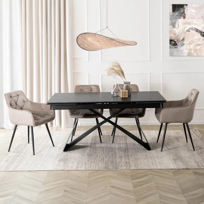 Zestaw Stół Prostokątny Rozkładany VICTOR 160-240 cm Czarny Marmur i 4 Krzesła MODESTO Beżowe Welurowe Nowoczesne