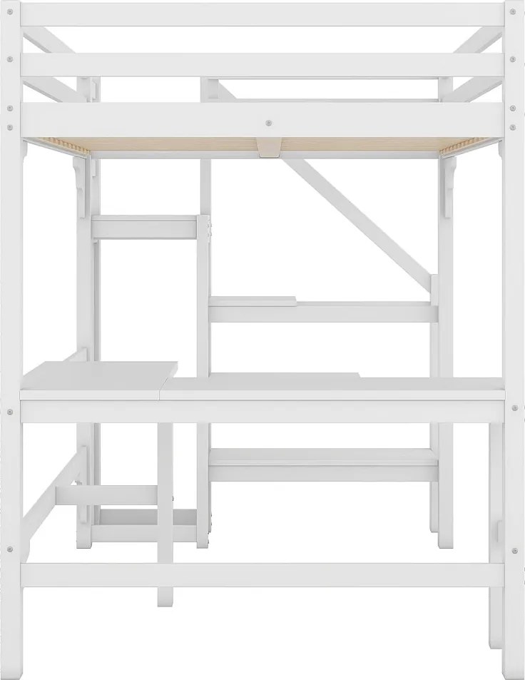 Łóżko mezzanine 140x200cm z drewna - z biurkiem, szafą i stelażem na materac - Białe