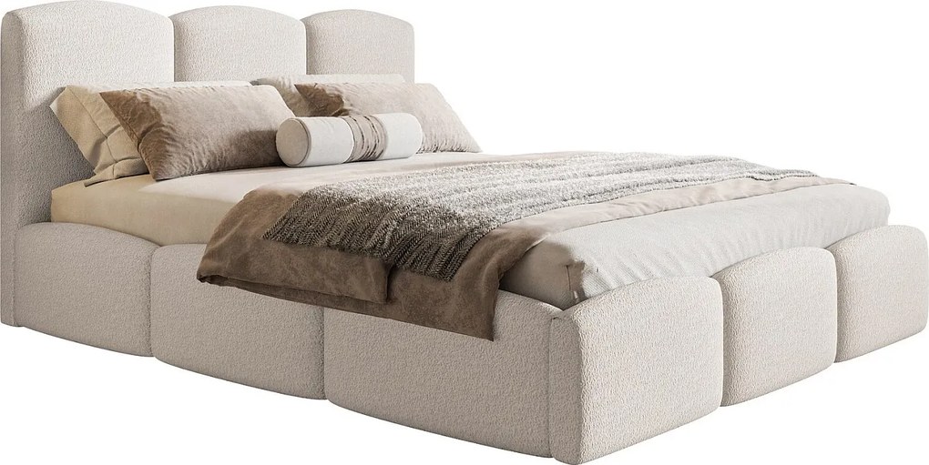 Łóżko tapicerowane 180x200 Roma Slim - gruba pianka, pojemnik, stelaż metalowy - tkanina boucle kremowy (Anthology 1)