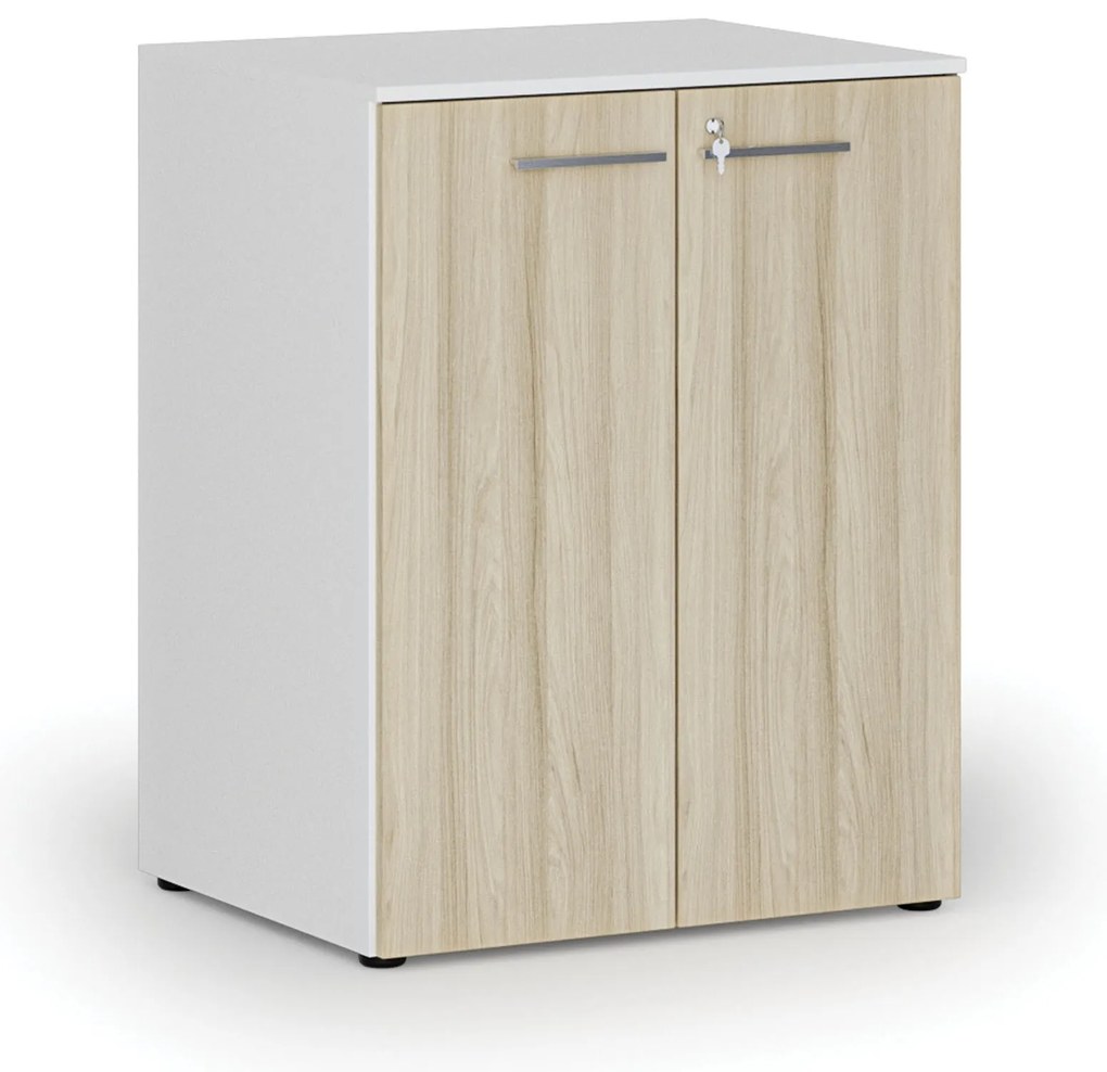 Szafa biurowa z drzwiami PRIMO WHITE, 2 półki, 800 x 640 x 1027 mm, biały/dąb naturalny