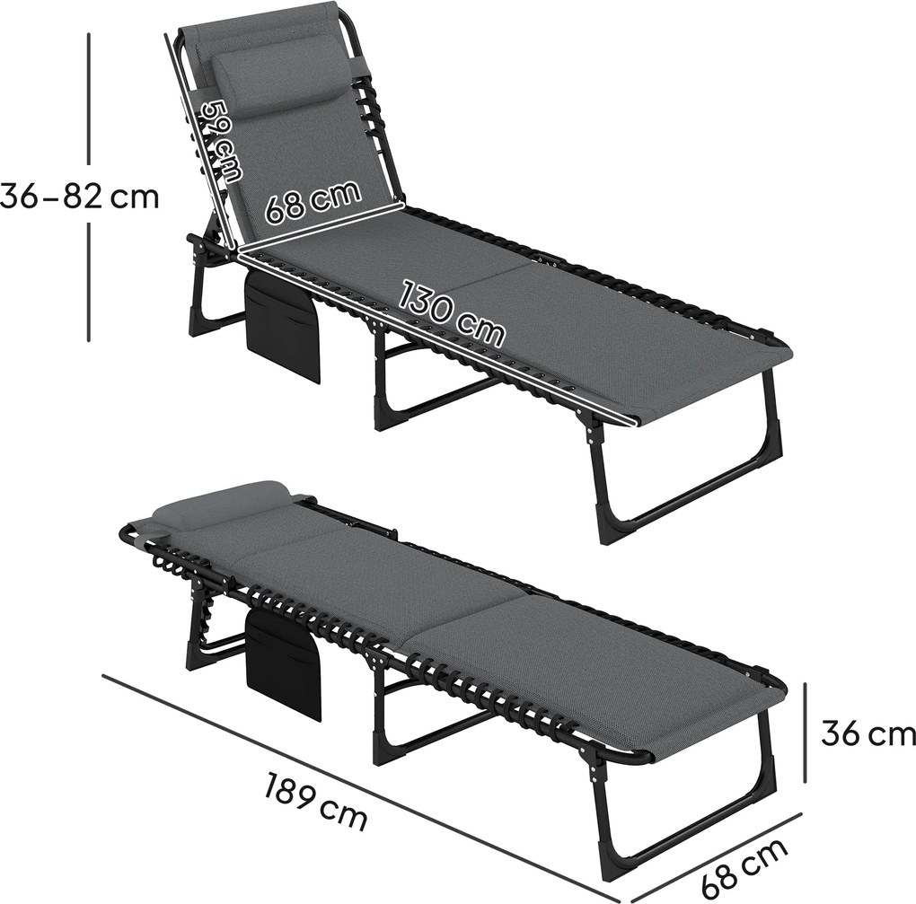 Outsunny Leżak ogrodowy z wyściełaniem i boczną kieszenią, Leżak basenowy, Szary