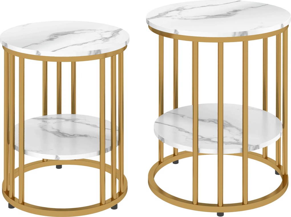 HOMCOM Zestaw 2 okrągłych stolików pomocniczych w marmurowym wyglądzie z otwartą półką i metalową ramą