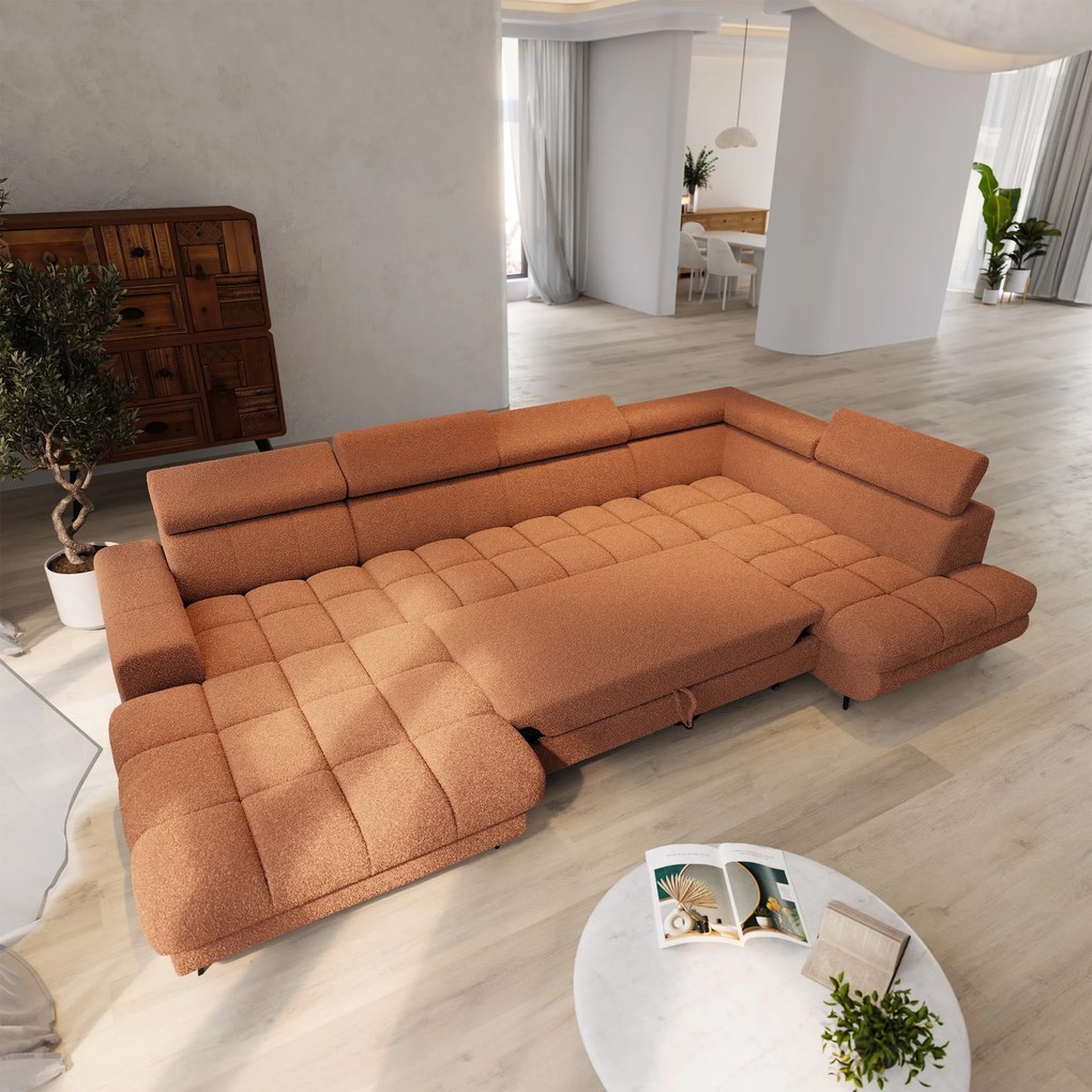 Masseno Narożnik CORENO z funkcją spania i pojemnikiem na pościel Narozniki U, Rozkładana sofa - Miedziany, QUELLE 54