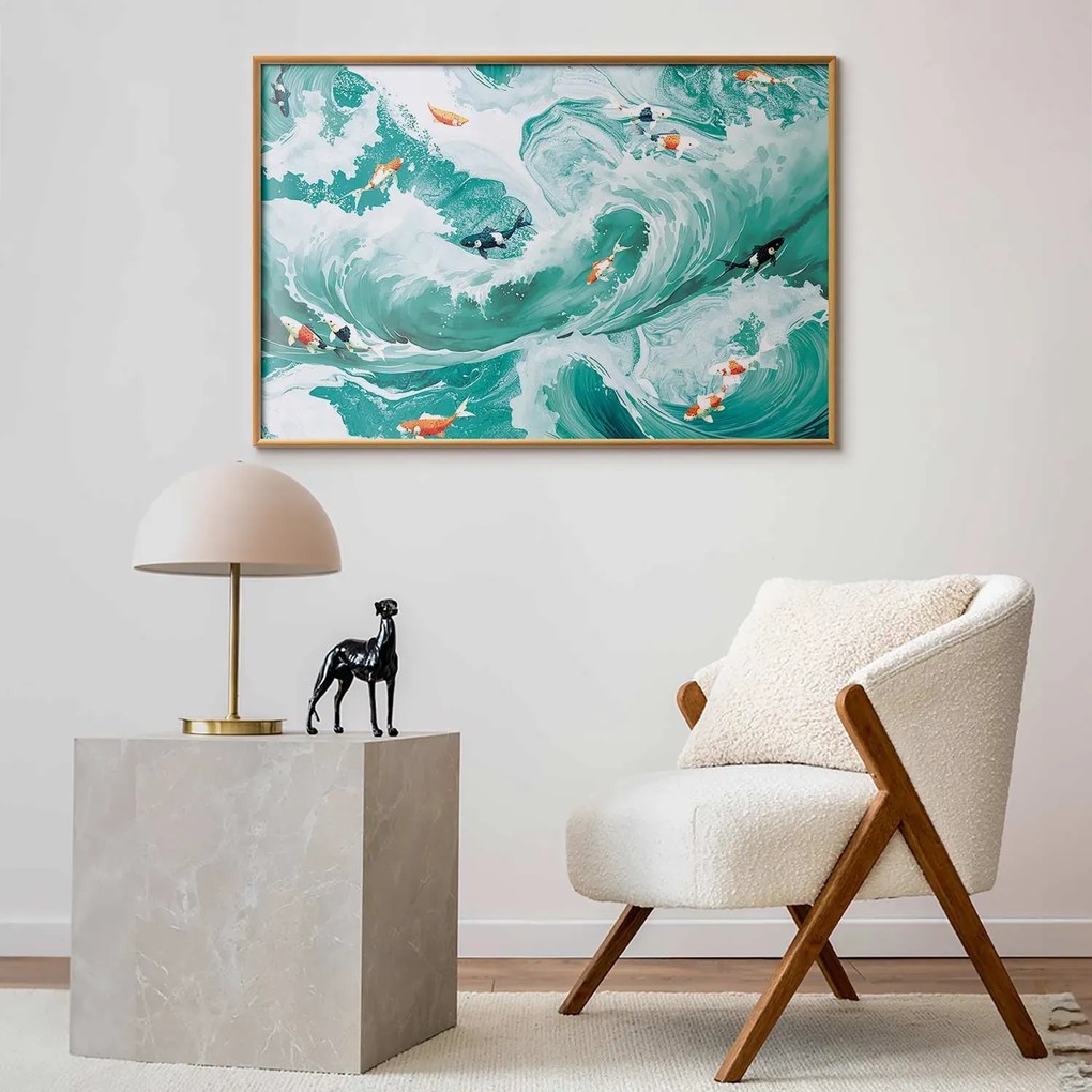 Plakat Ryby i fale 90x60 cm z ramą złotą bez marginesu ARTGEIST B