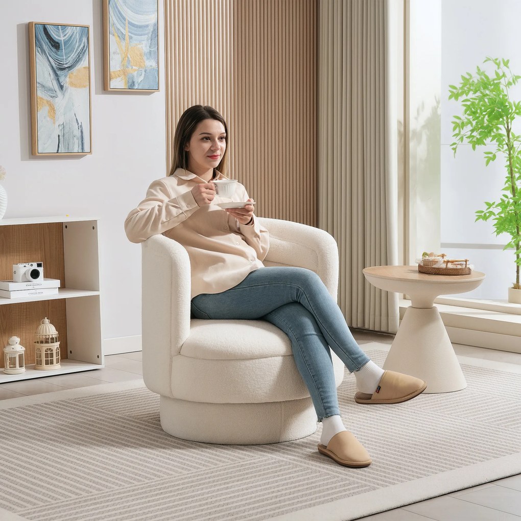 HOMCOM Obrotowy Fotel Tapicerowany, Nowoczesny Fotel Klubowy z Ramą z Drewna Kauczukowego, do Salonu, Sypialni, Kremowy