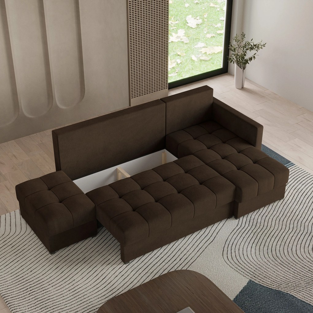 Masseno Narożnik LUMARI z funkcją spania i pojemnikiem na pościel Narozniki L, Rozkładana sofa - Brązowy, KRONOS 06
