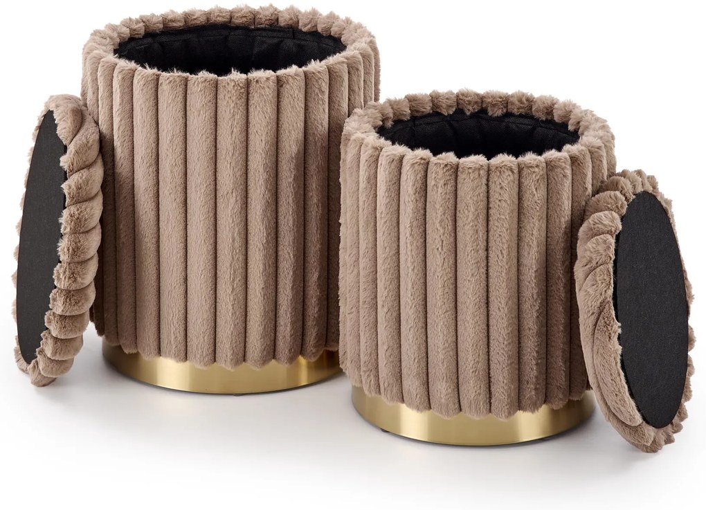 Pufy, zestaw 2 sztuk capuccino/złote FIDO ze schowkiem, plusz