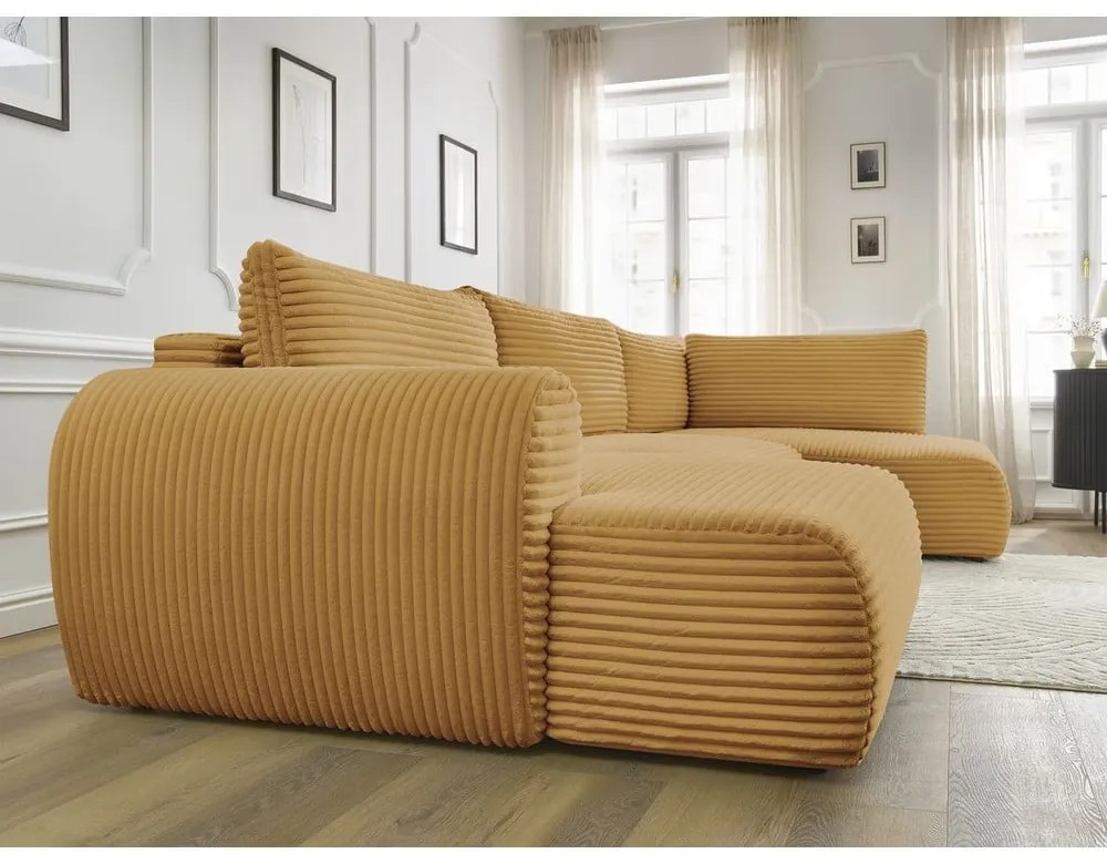 Musztardowy sztruksowy rozkładany/ze schowkiem narożnik (prawostronny/w kształcie litery U) Lucien – Bobochic Paris