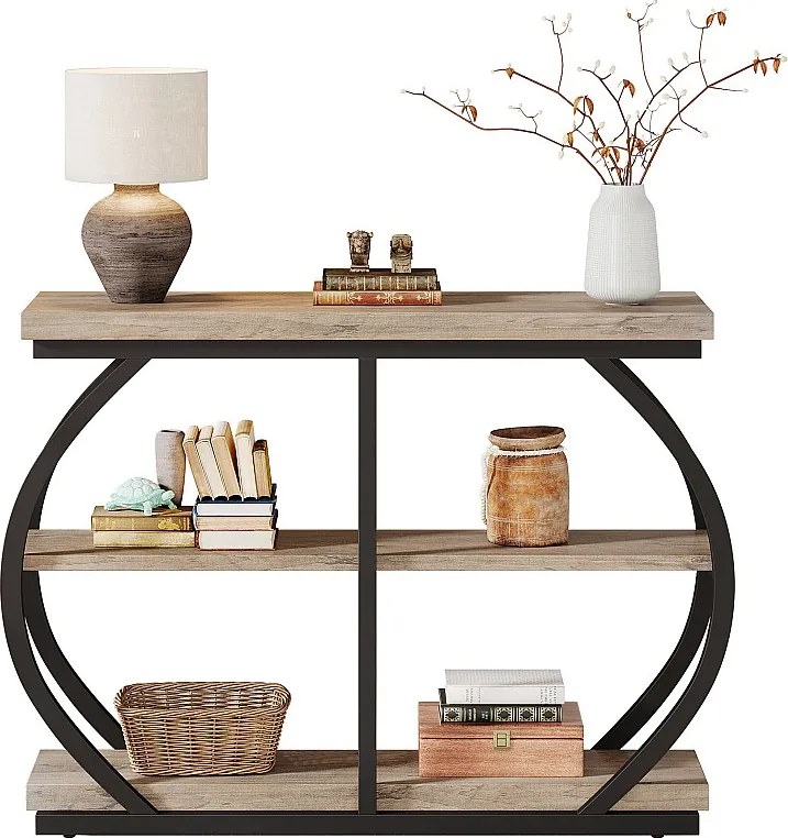 Stół konsolowy 105 cm, industrialny stół wejściowy z 3 poziomami, z łukową metalową ramą i półkami do przechowywania