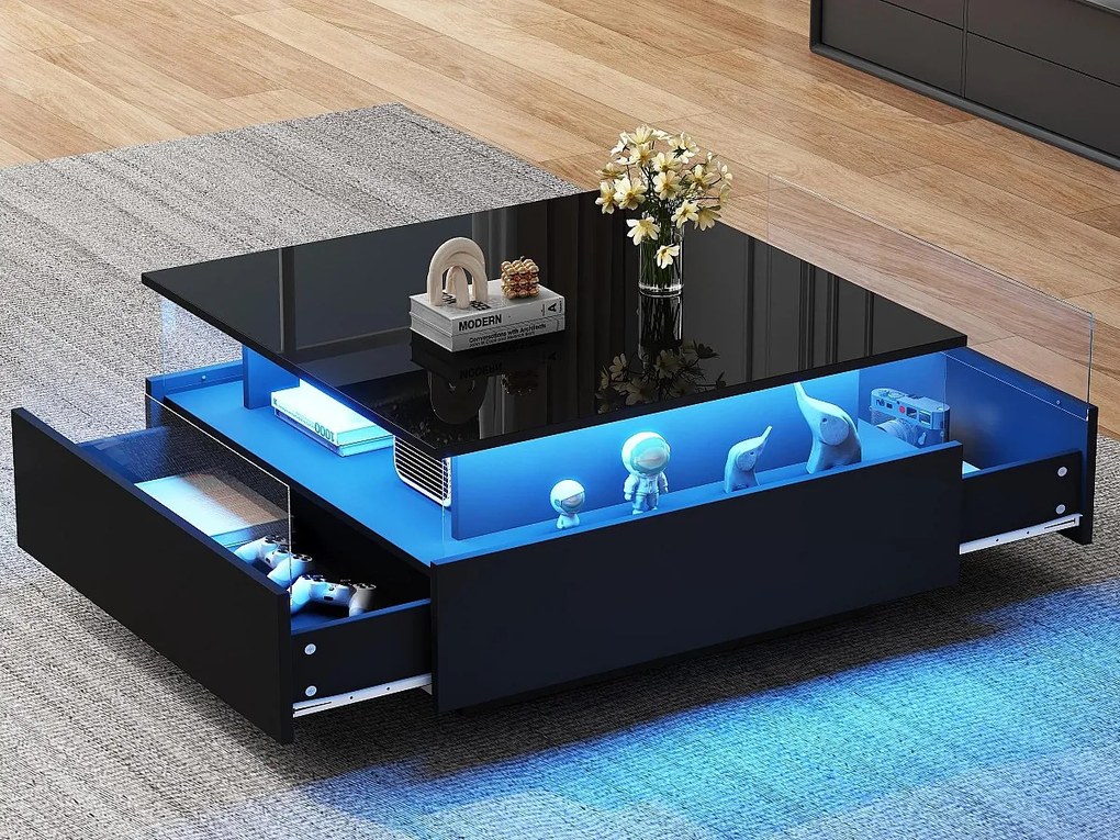 Nowoczesny stół kawowy - z 2 szufladami + przeszklonymi przegrodami - Czarny