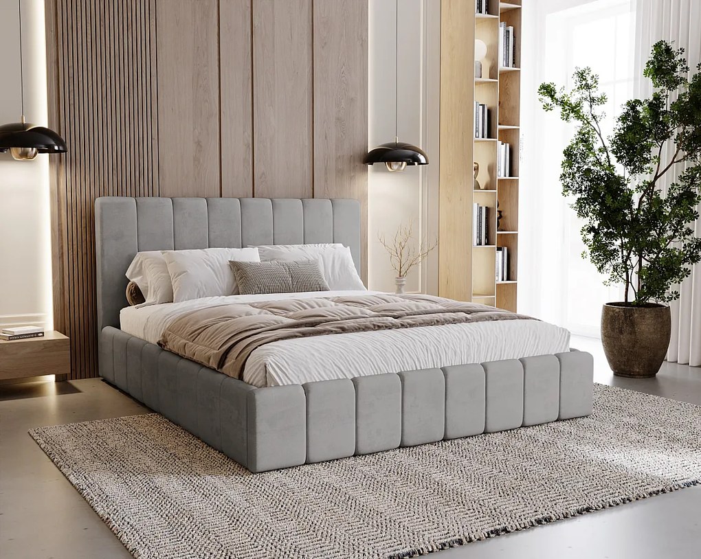 BESILIO Tapicerowane łóżko slim 140x200 Lexy - stelaż metalowy, pojemnik na pościel, slim łóżko, tkanina velurowa - Szary
