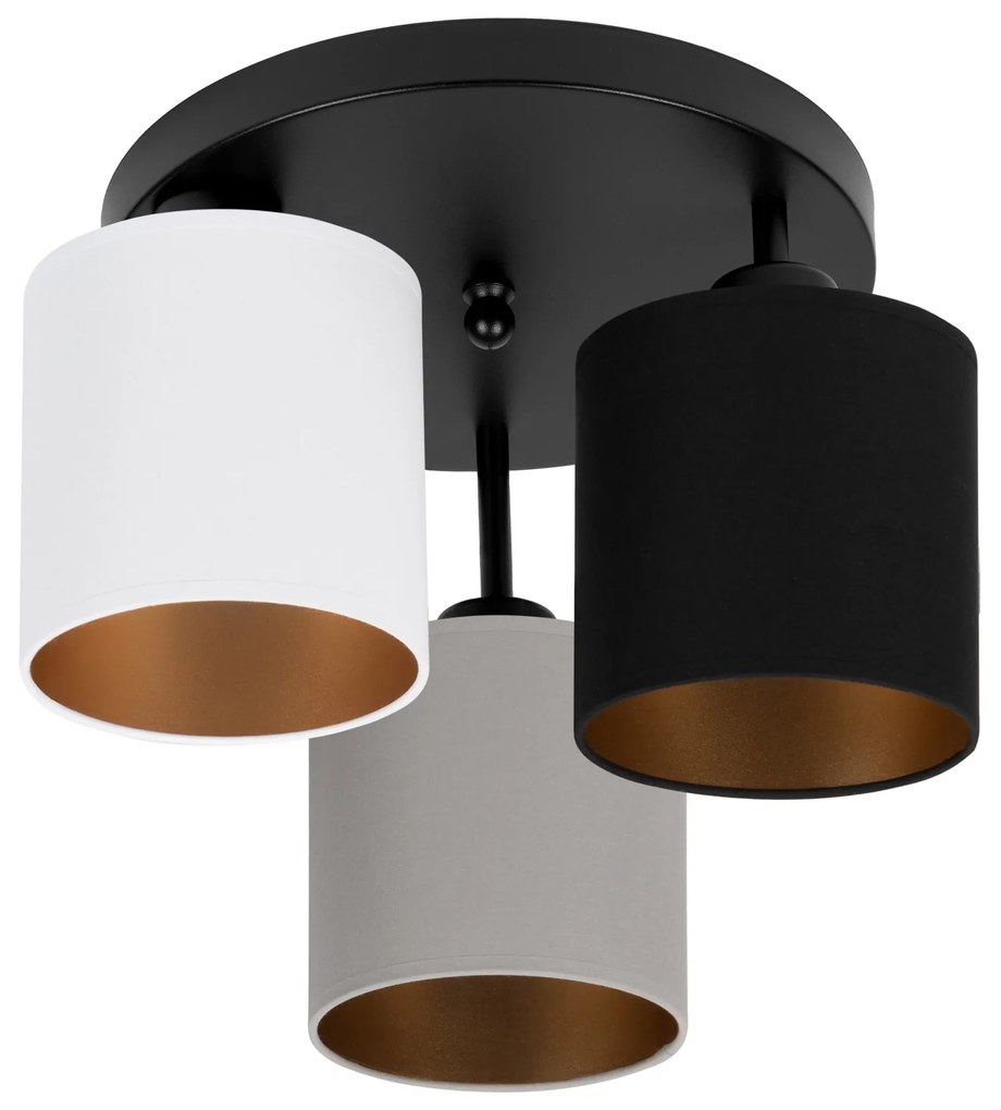 Lampa sufitowa czarna trzypunktowa z szaro-czarno-białymi abażurami C-