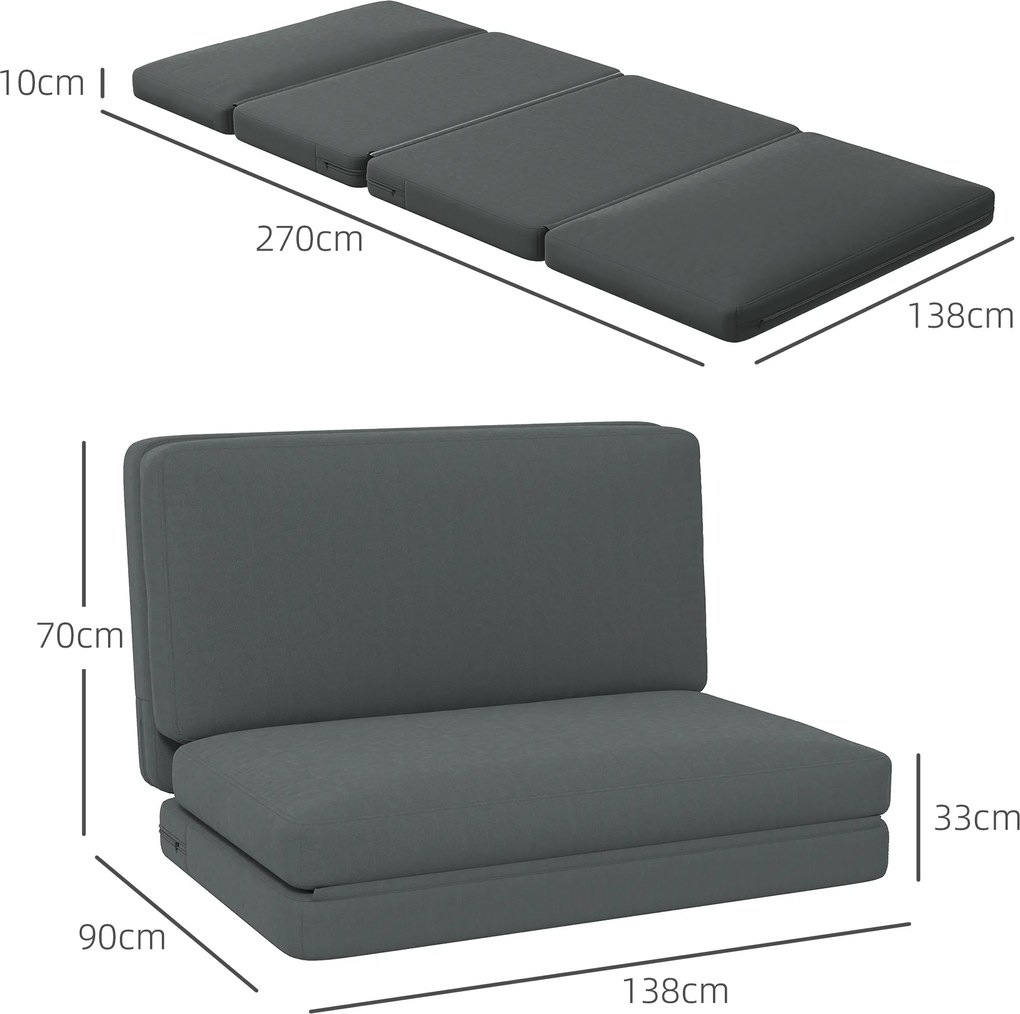 HOMCOM 3-w-1 Składany Fotel Relaksacyjny, Materac dla Gości, Dzielony, Szerokość 138 cm, Ciemnoszary