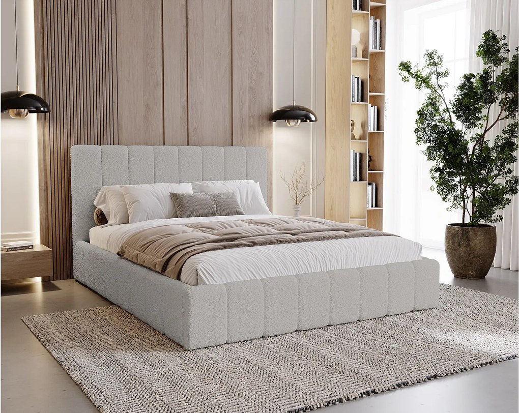 BESILIO Sypialnia łóżko slim 200x200 Lexy - stelaż metalowy, pojemnik na pościel, slim łóżko, tkanina boucle - Jasnoszary