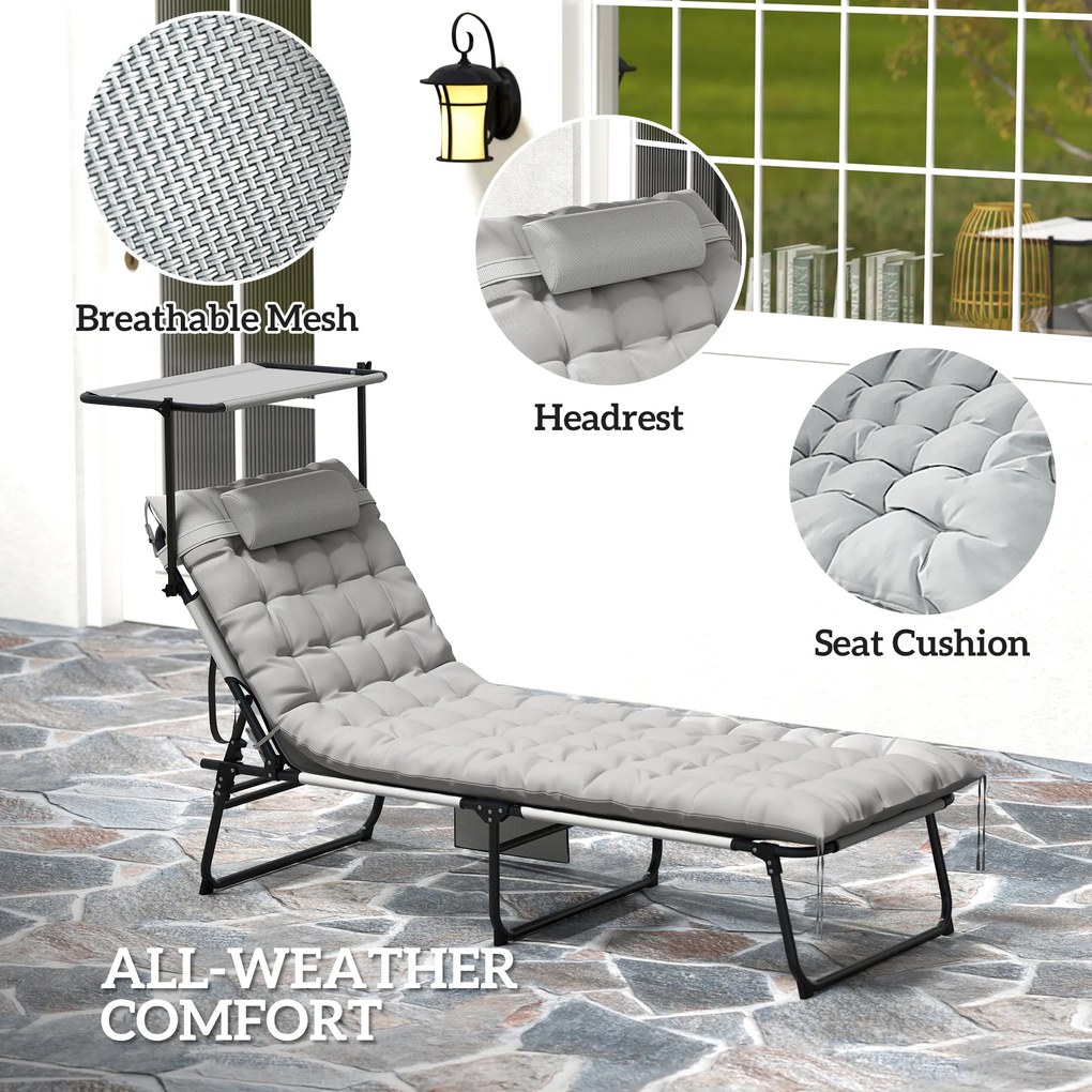Outsunny Składany leżak ogrodowy z daszkiem, materacem, regulowanym oparciem w 4 pozycjach, Jasnoszary