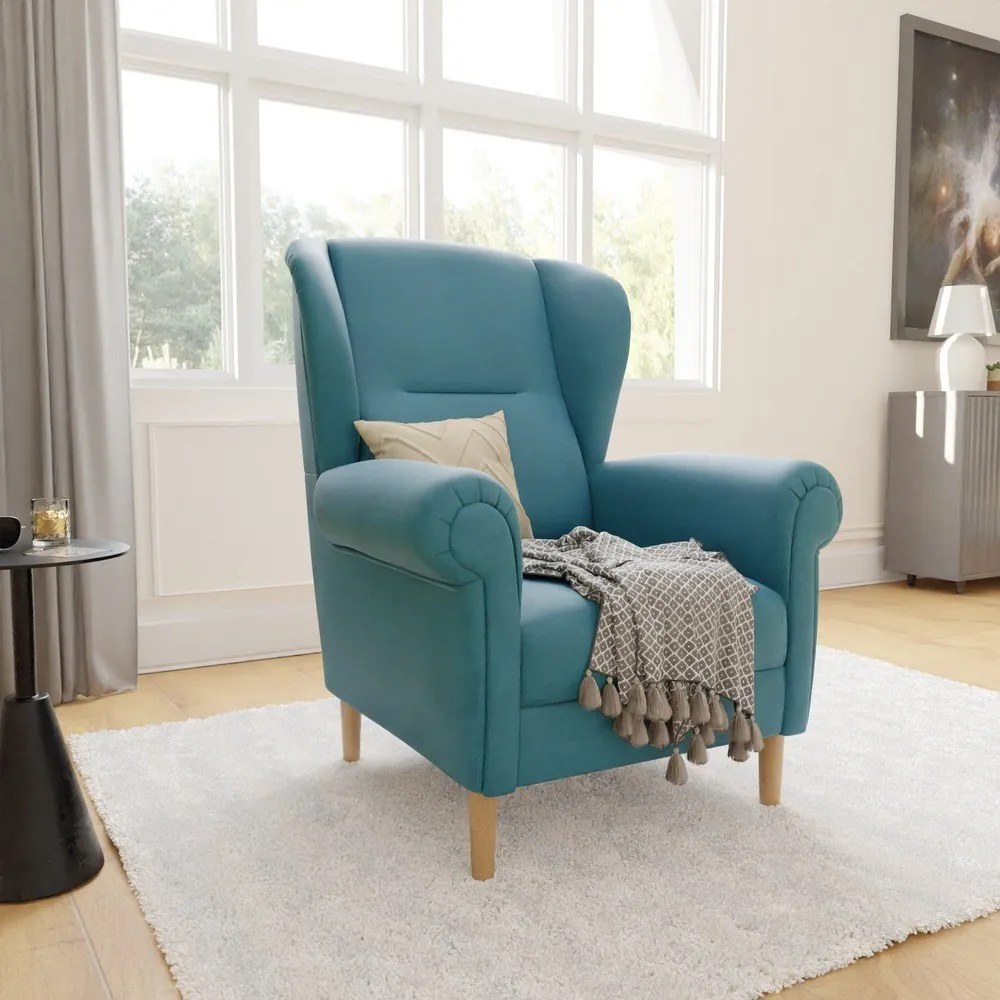 Turkusowy fotel typu uszak Swan – Ropez