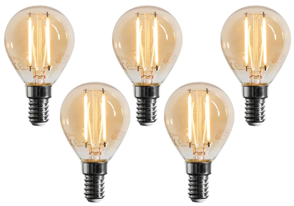 Zestaw 5 ściemnialnych żarówek LED E14 G45 złotych 4W 330 lm 2100K