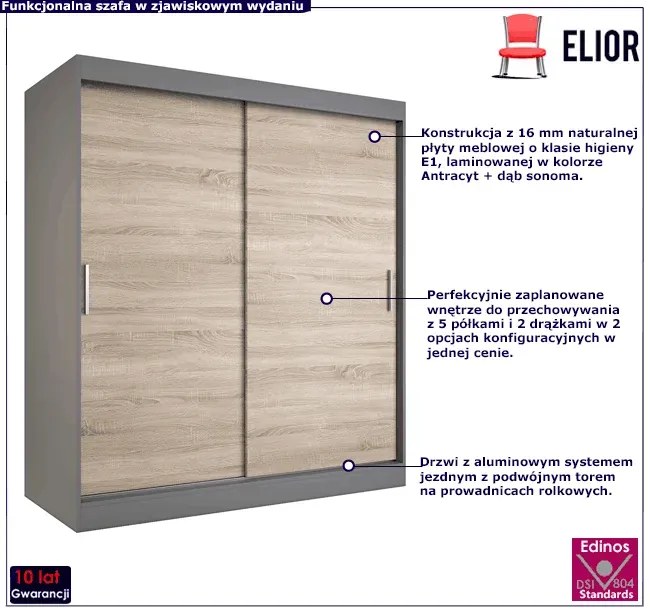 Szafa przesuwna 180 cm antracyt + dąb sonoma - Erco 5X