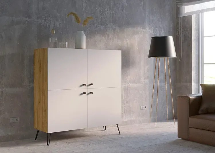 Industrialna komoda z metalowymi nogami dąb craft + biały C4-F50
