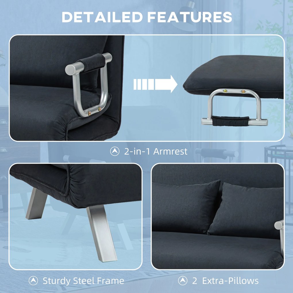 HOMCOM Sofa do spania z 5-stopniową regulacją, imitacja zamszu, stalowa rama, w zestawie poduszki, Czarny