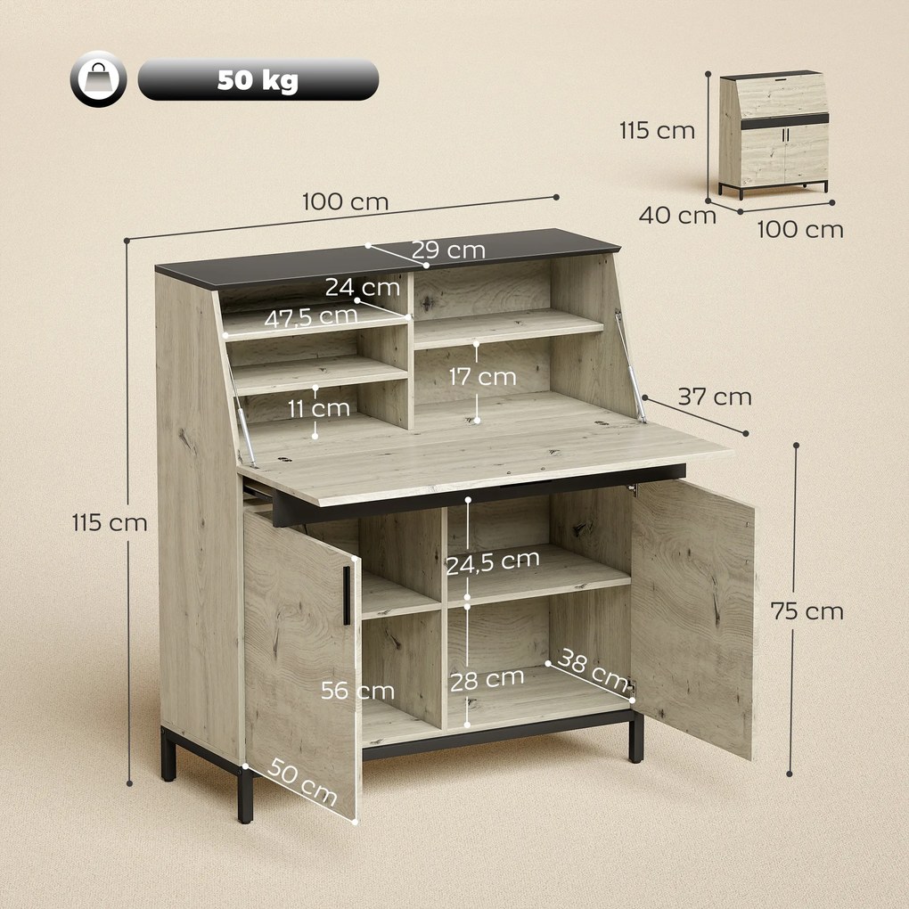 HOMCOM Industrialny Sekretarzyk z Półkami i Metalową Ramą 100 cm Naturalne Drewno + Czarny | Aosom PL