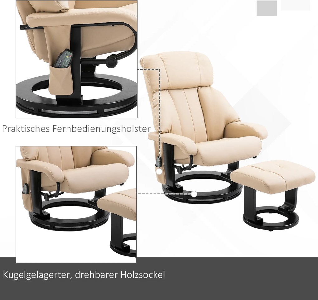 HOMCOM Fotel masujący z timerem i podnóżkiem Skóra ekologiczna Beżowy 76x80x102cm | Aosom PL