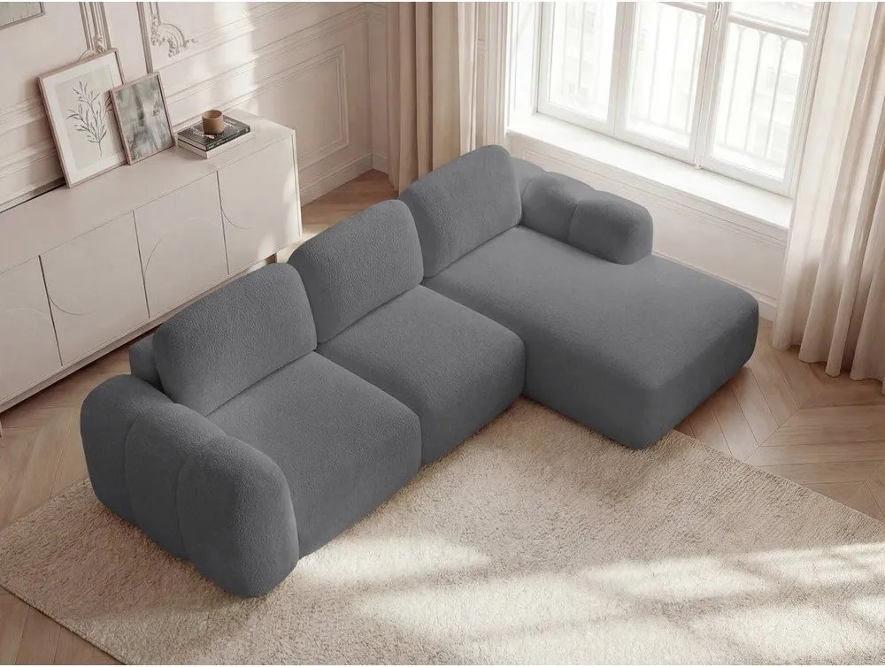 Szary rozkładany/ze schowkiem narożnik z materiału bouclé (prawostronny/z szezlongiem) Montaigne – Bobochic Paris