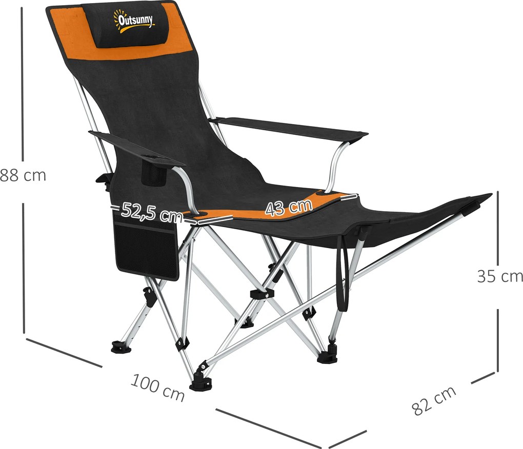 Outsunny Zestaw 2 szt. składanych krzeseł campingowych, fotel wędkarski z odpinanym podnóżkiem, uchwytem na napój, nośność 120 kg, Pomarańczowy | Aosom PL