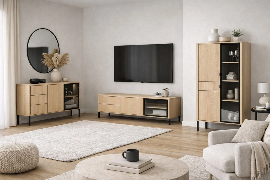 Witryna wysoka Harmona 92 cm z szufladą i oświetleniem - dąb lindberg