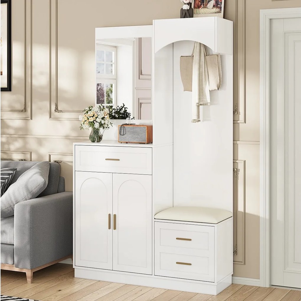 Biały wieszak na ubrania z lustrem, 1 szufladą i 3 drzwiami – do przedpokoju i korytarza