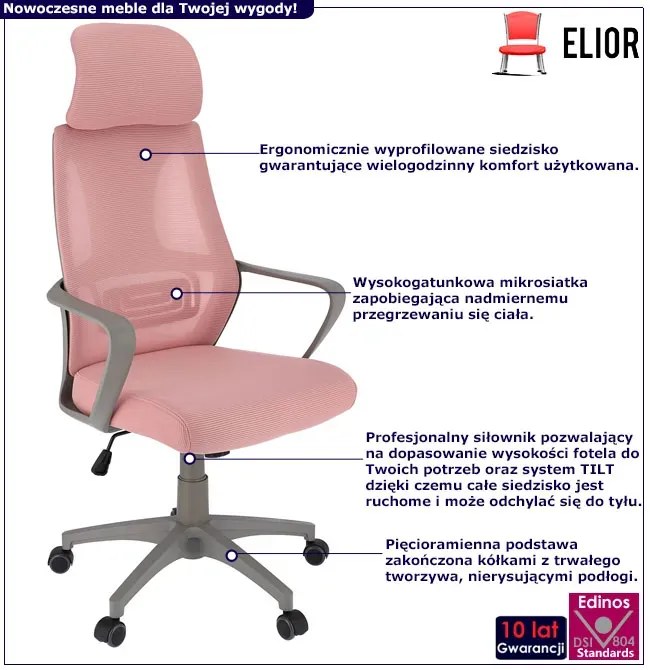 Różowy nowoczesny fotel biurowy obrotowy z regulacją S5-K97
