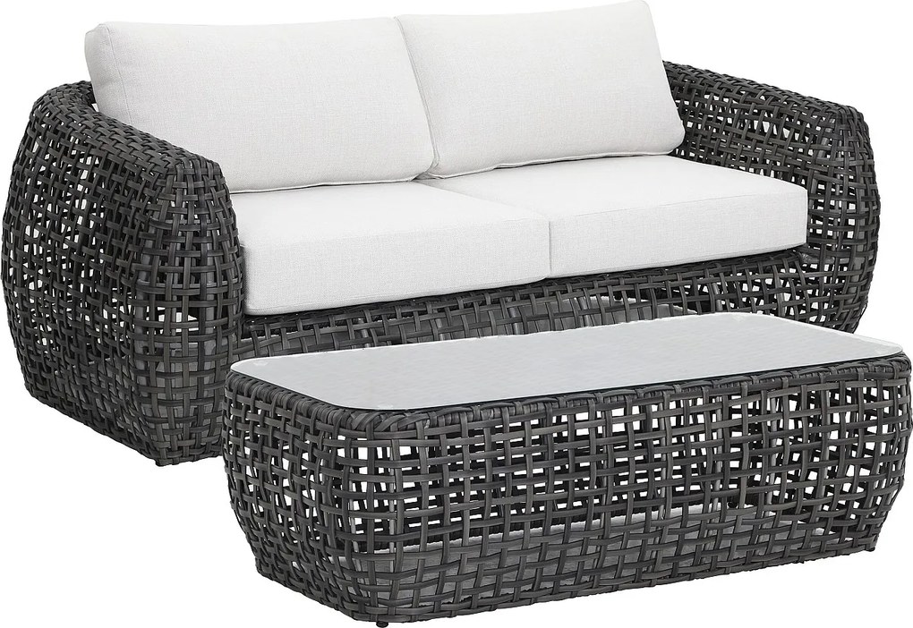 Zestaw mebli ogrodowych z plecionej żywicy: kanapa  ogrodowa 2-osobowa i 1 stolik kawowy - Antracytowe z białymi poduszkami - VEYRO od MYLIA