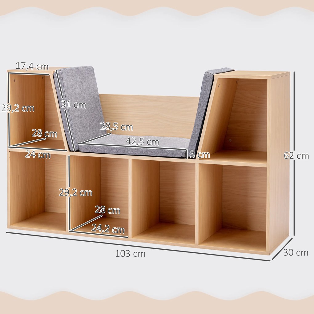 HOMCOM Regał dla Dzieci 2 w 1 + Ławka z Poduszkami 103 cm x 30 cm x 62 cm Biały + Szary