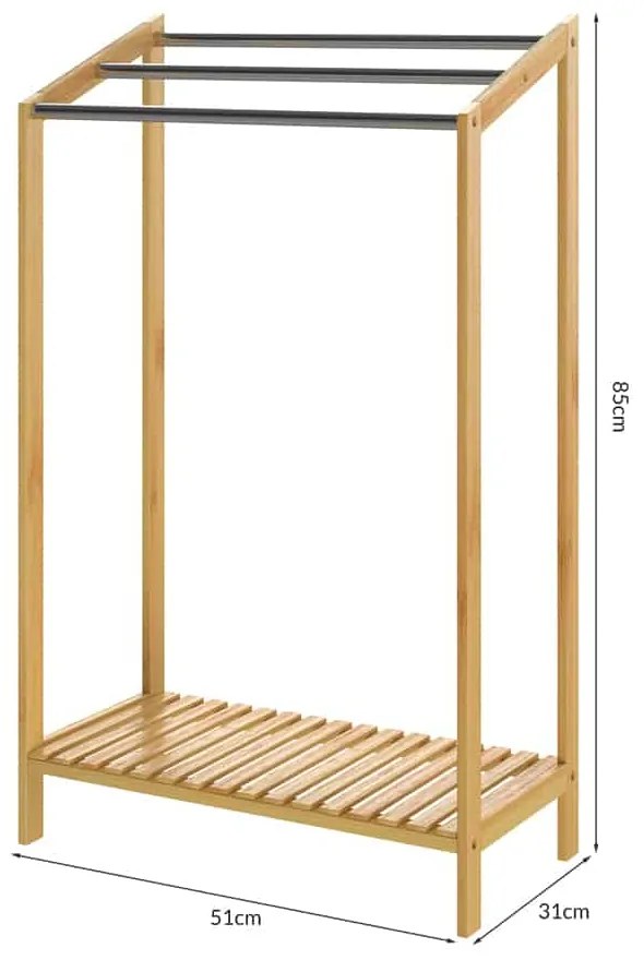 Bambusowy stojak na ręczniki RUBBY z metalowymi drążkami i półką, 51x31x85 cm, brązowo-srebrny Casaria