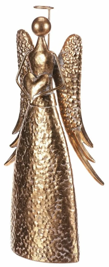 Świąteczna metalowa dekoracja Anioł 42 cm zsercem, złota, 42 cm