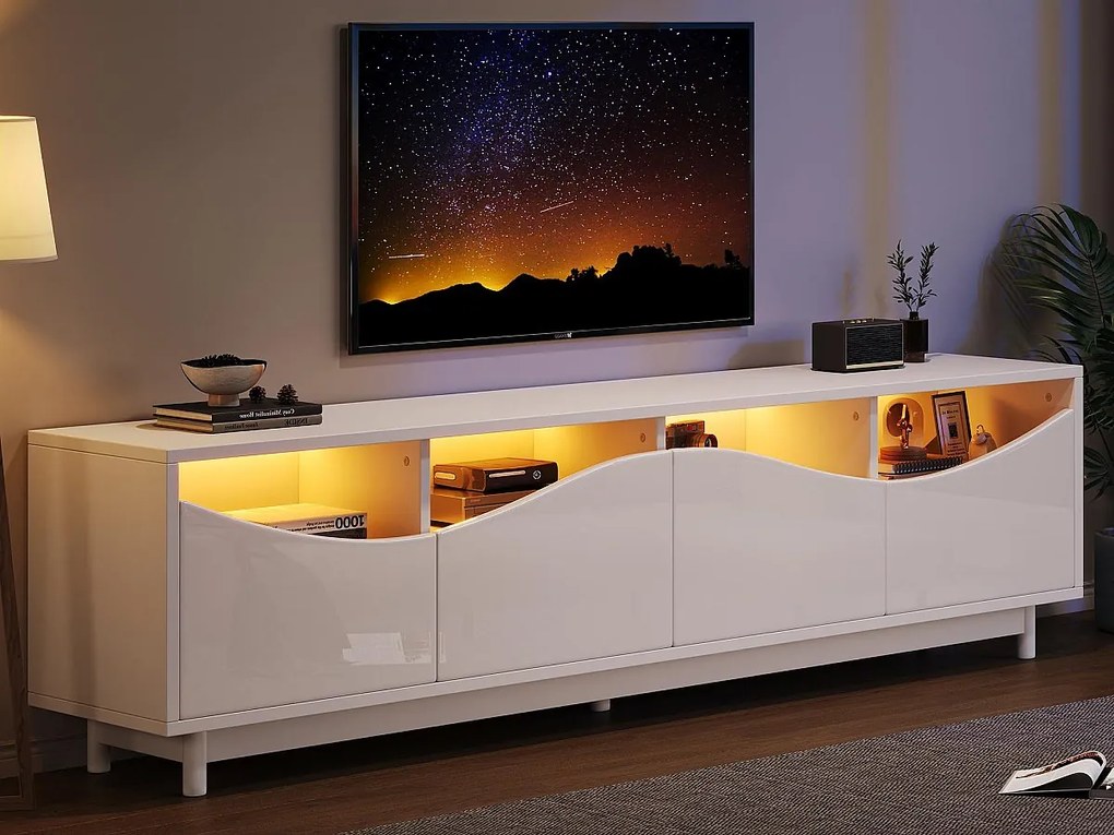 Meble TV 175x38x51cm - z 2 drzwiami - drzwi ze szkła hartowanego - oświetlenie LED - Biały