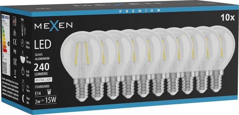 Mexen Vintis 10x żarówka filament LED E14, G45, 2W, Neutralna - 4000K, 240 lm, clear - L156-E14-0240-00x10